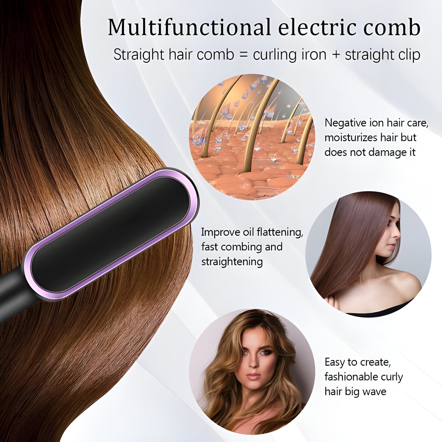 2-in-1 Hair Straightener Brush – Fast Heating Ceramic Hot Comb for Straightening & Curling | Anti-Scald, Temperature Control, 200°C Thermostatic Hair Care