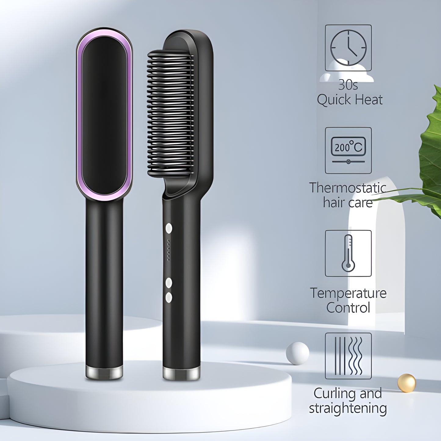2-in-1 Hair Straightener Brush – Fast Heating Ceramic Hot Comb for Straightening & Curling | Anti-Scald, Temperature Control, 200°C Thermostatic Hair Care