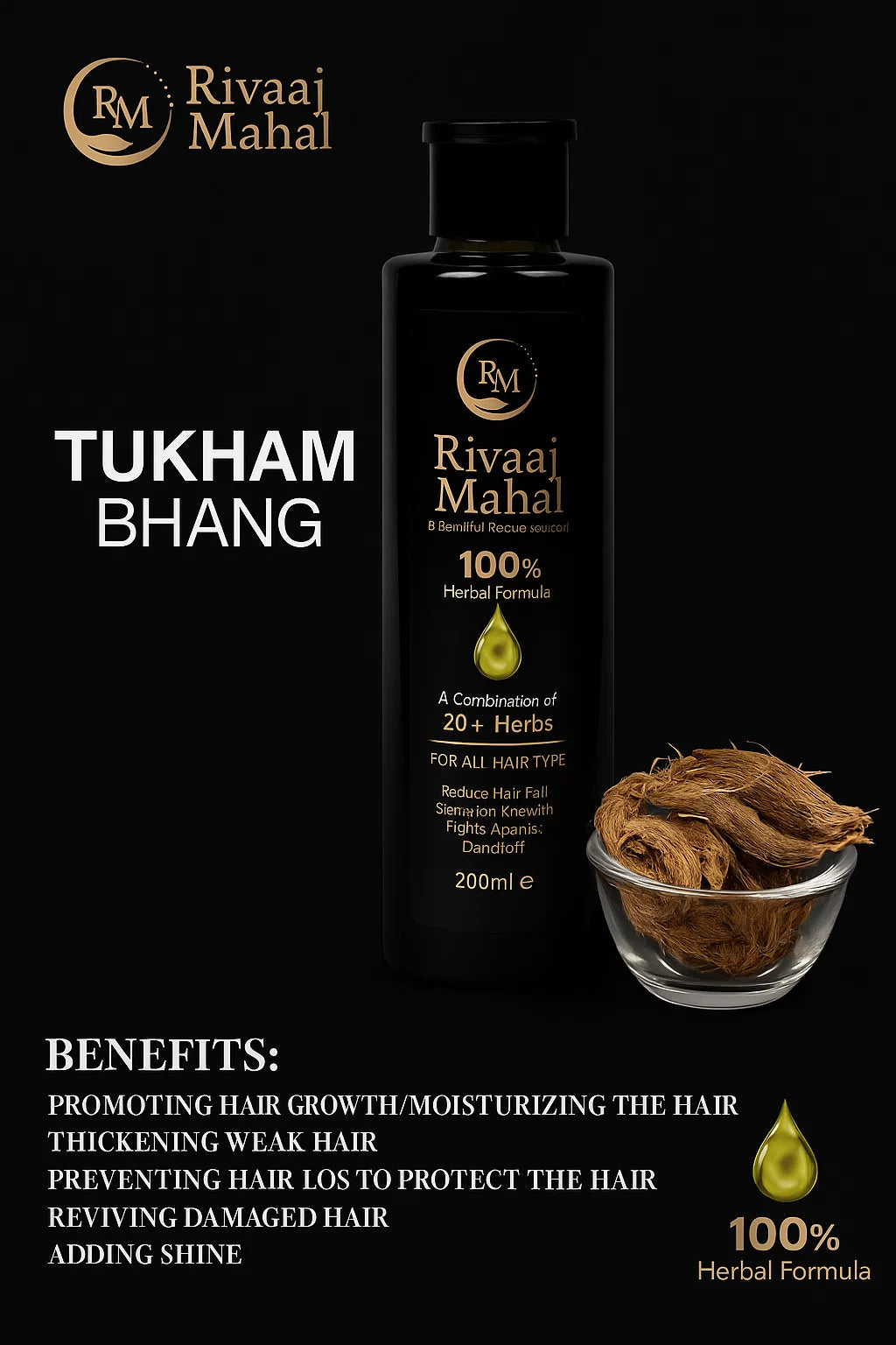 Rivaaj Mahal Tukham Bhang Herbal Hair Oil – 100% Natural Formula for Hair Growth & Repair (200ml)
